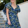 Blue Evergreen Floral Flutter Dress