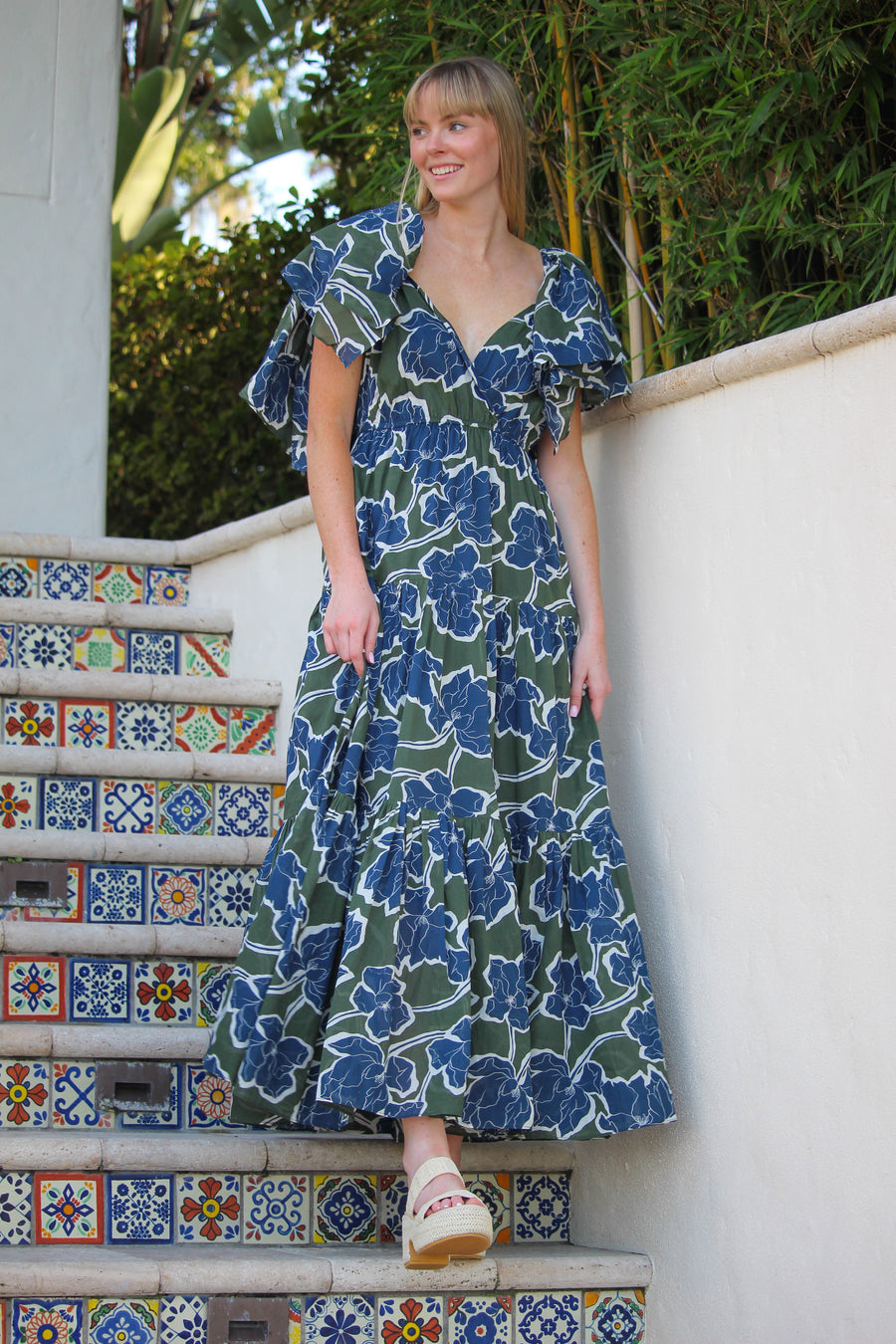 Blue Evergreen Floral Flutter Dress